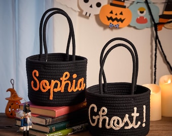 Cesta de Halloween personalizada con nombre: Almacenamiento de juguetes de cuerda de algodón personalizado