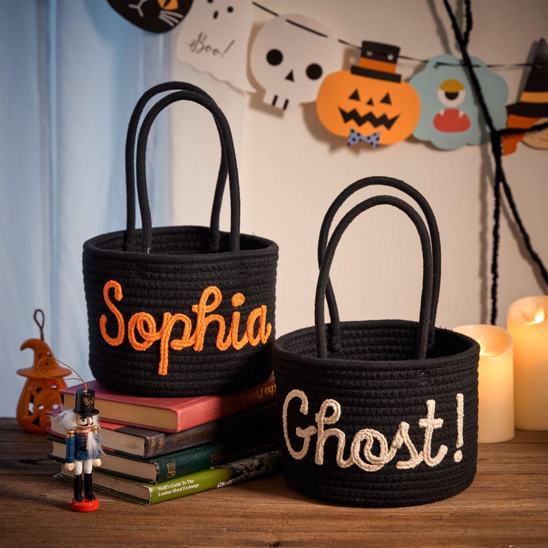 Personalized Halloween Cotton Basket: Custom Name Trick-or-Treat Bag,Custom Baby Shower Name Basket,Toys Storage,Nursery Gift,Pet Basket image 8