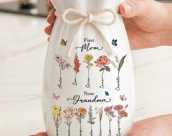 Custom First Mom Now Grandma Ribbon Tie Ceramic Flower Vase, Birth Month Flower Vase, Grandmas Garden Vase, Gift for Mom Nana Mothers Day