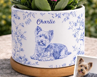 Toile De Jouy Flower Pet Photo, Custom Pet Flower Pot, Personalized Pet Memorial Planter, Dog Loss Remembrance Gift, Dog Lover, Dog Mom Gift
