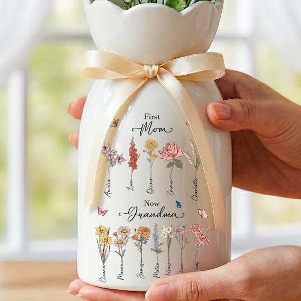 Custom First Mom Now Grandma Ceramic Flower Vase, Birth Month Flower Vase, Grandmas Garden Vase, Birthday Gift for Mom Nana Mothers Day Gift