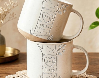 Personalized Engraved Couple Pottery Mug, Wedding Gift, Custom Carved Initials In A Heart Tree Couple Mug, Engagement Gifts, Newlywed Gift