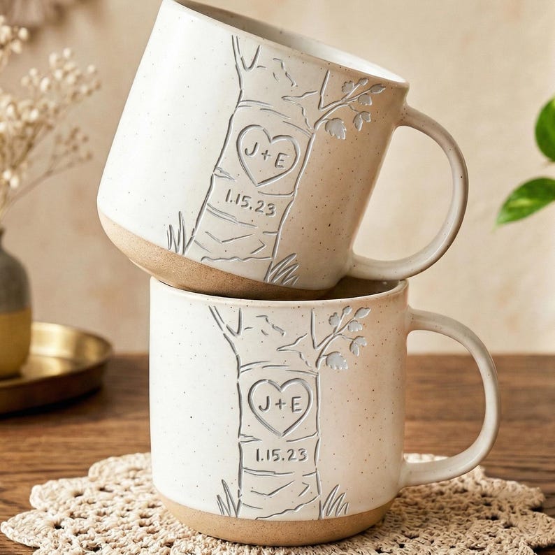 Personalized hand-thrown ceramic coffee mug set for couples