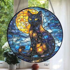 Black Cat With Moon Stained Glass Suncatcher, Black Cat Window Decor, Night Sky Suncatcher, Cat Lovers Gift, Halloween Home Decor Gifts