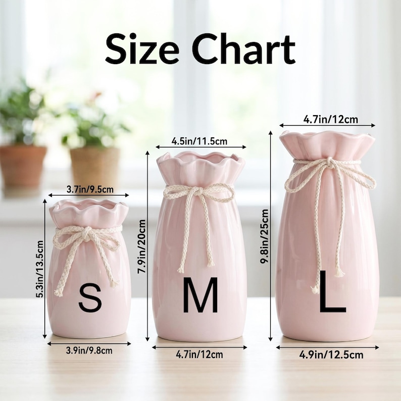 May include: A size chart displays three pink ceramic vases with ruffled tops and tied rope accents. The vases are labeled S, M, and L, with dimensions in inches and centimeters. The text "Size Chart" is at the top.