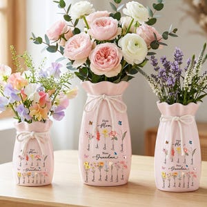 Custom First Mom Now Grandma Ribbon Tie Ceramic Flower Vase, Birth Month Flower Vase, Grandmas Garden Vase, Gift for Mom Nana Mothers Day image 3