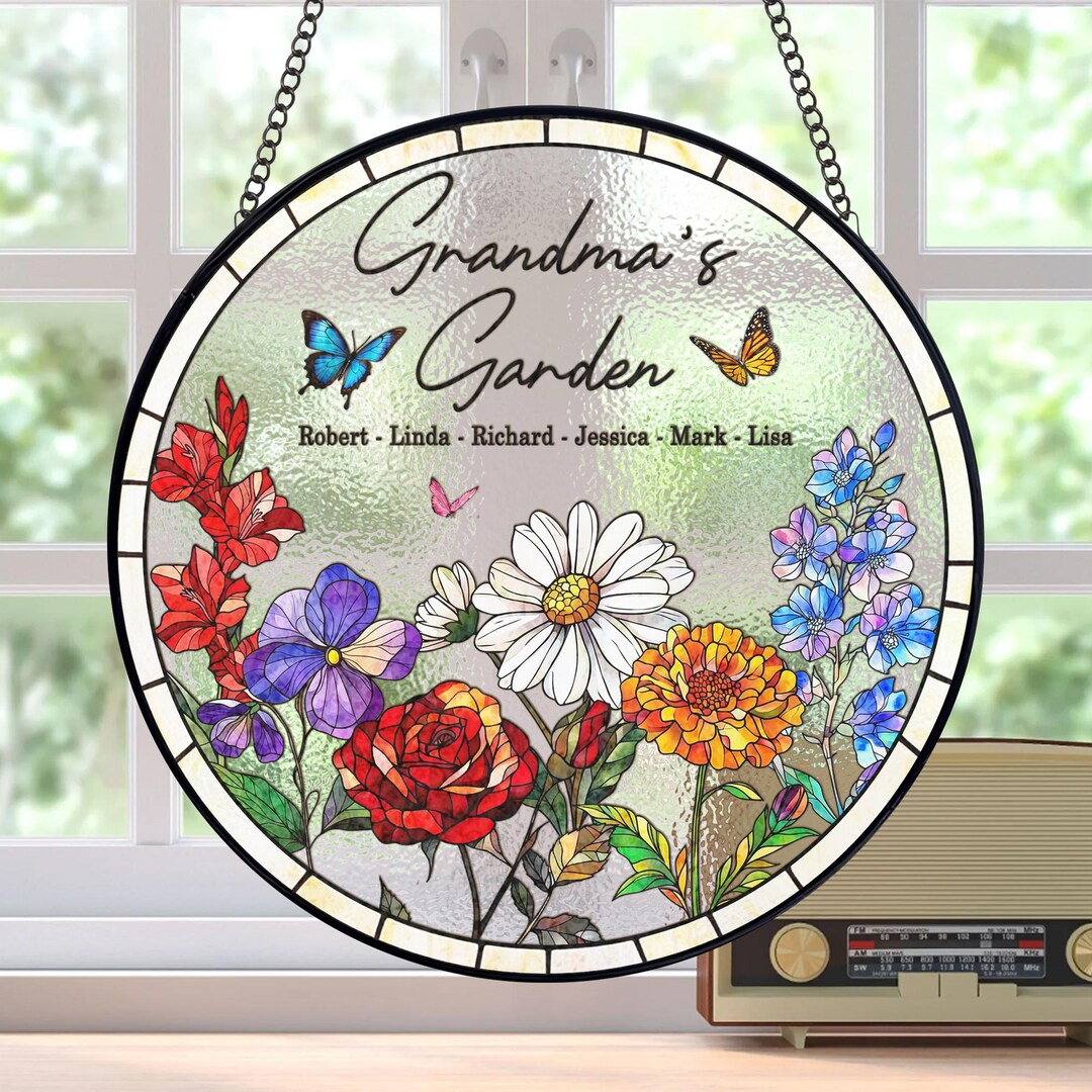 Grandma Gift, Personalized Birth Flowers Stained Glass Suncatcher ...