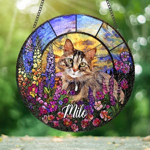 Personalized Cat Memorial Stained Glass, Loss of Pet Sympathy Gift, Cat With Name Suncatcher, Cat Suncatcher, Custom Pet Image Gift