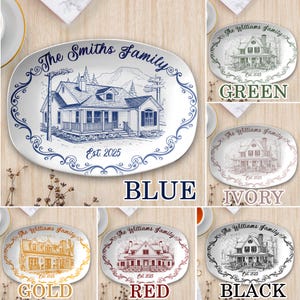 May include: Oval ceramic serving platters with house illustrations in various colours: blue, green, ivory, gold, red, and black. Each platter features a family name and the year "Est. 2025". Decorative and personalised.