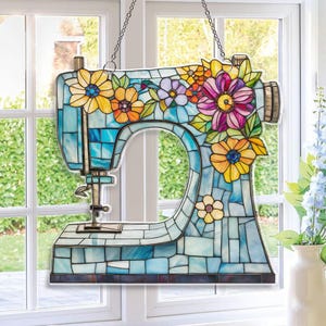 Sewing Machine Suncatcher Acrylic Window Hanger, Wildflower Sewing Machine Window Decor, Tailor Shop Decor, Room Decor Gift For Sewing Lover