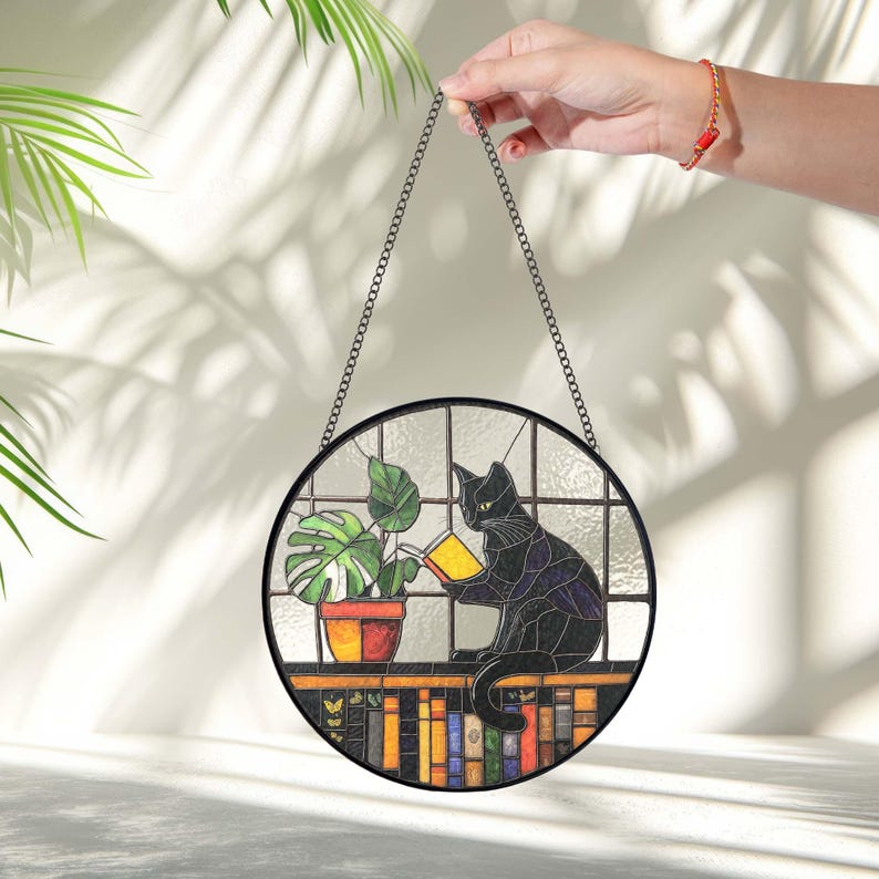 Black Cat Reading Book Stained Glass Suncatcher, Book Lover Gift for ...