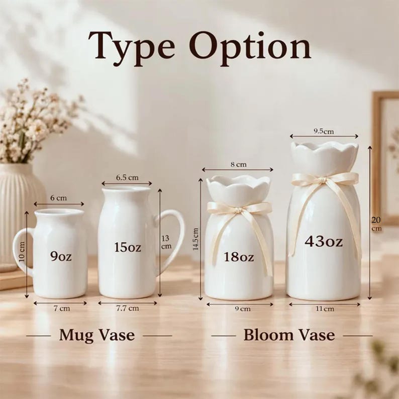 May include: Four white ceramic vases of varying sizes. The smallest is a mug vase, 10 cm tall, holding 9oz. The next is a mug vase, 13 cm tall, holding 15oz. The other two are bloom vases, 14.5 cm and 20 cm tall, holding 18oz and 43oz, respectively.