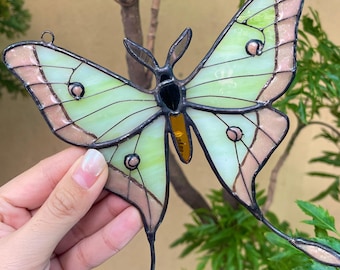 Luna Moth Butterfly Glass Suncatcher, Stained Glass Window Hangings, Christmas Gift, Gift For Mom, Handmade Gift, Modern Home Decor RED963