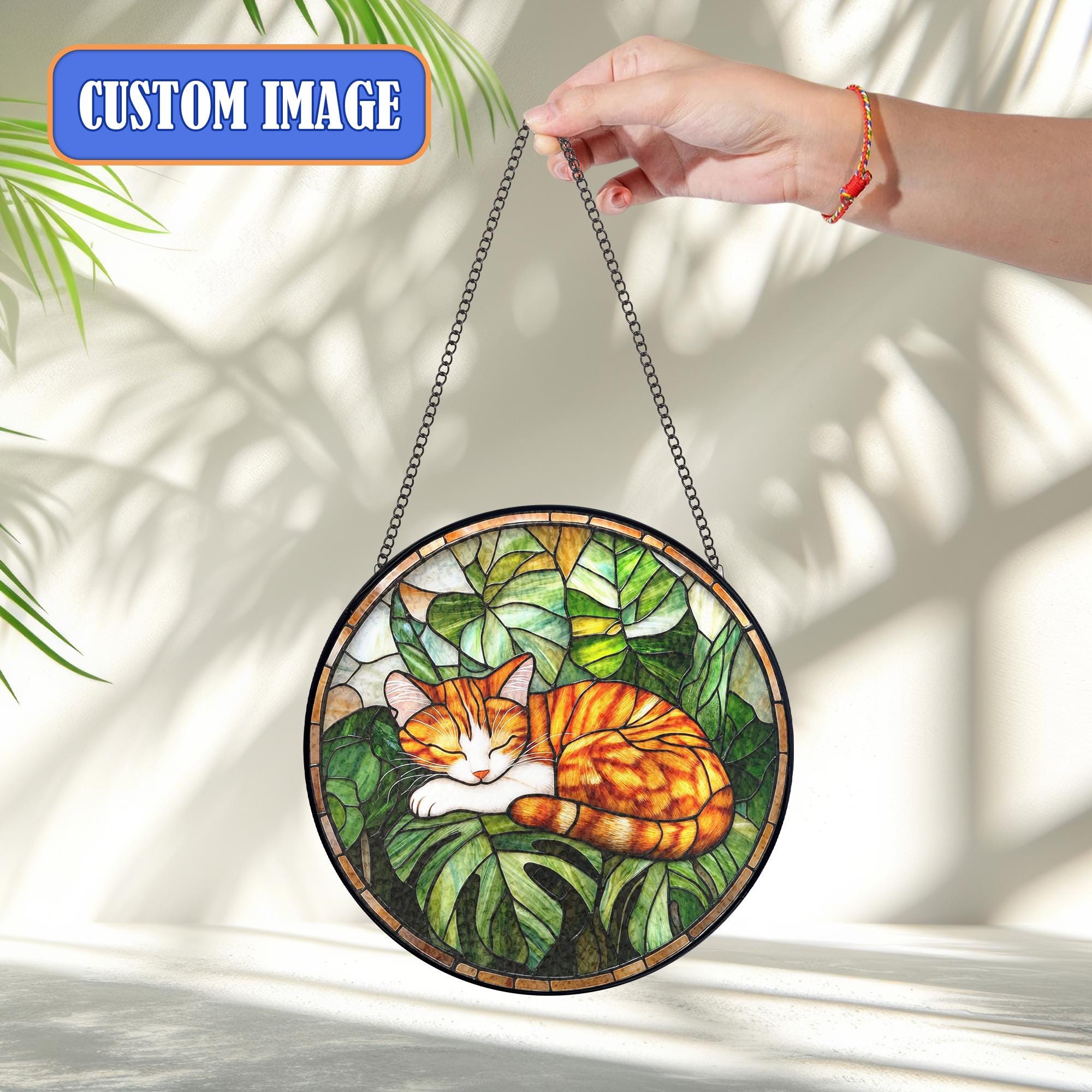 Sleeping Cat on Monstera Stained Glass Suncatcher, Monstera Plant ...