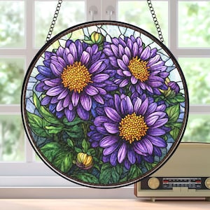 Birth Flower Suncatcher Stained Glass, Birth Month Flower Window Hanging, Aster Birth Flower Birthday Gift, Mothers Day Gift For Mom
