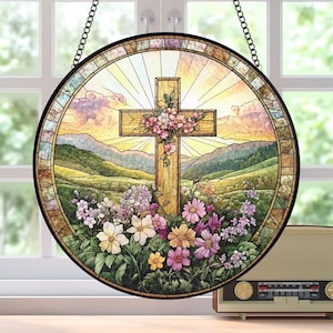 Christian Cross Wildflowers Stained Glass Suncatcher, Christian Faith Home Decor, Christian Glass Windows Hanging, Cross Gift For Religious