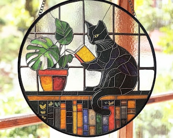 Black Cat Reading Book Stained Glass Suncatcher, Book Lover Gift For Bookworm Window Hanging, Cat Reading Glass Art Gift For Cat Mom Bookish
