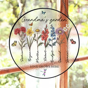 Personalized Grandmas Garden Stained Glass, Custom Love Grows Here Suncatcher, Birth Month Flowers With Names Gift, Mothers Day 2025 Gift