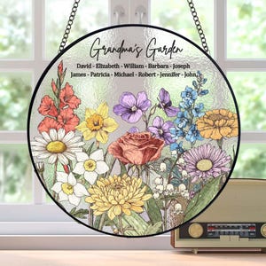 Personalized Grandma Birth Flowers Stained Glass Suncatcher, Custom Grandma&#39;s Garden Gift, Mom Gift, Grandma Gift From Grandkids