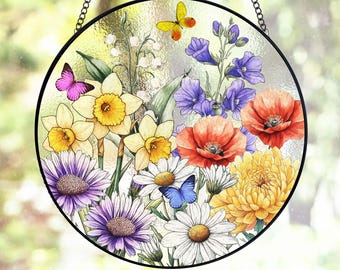 Custom Family Birth Flowers Glass Suncatcher, Custom Mom's Garden Gift Birth Flower Gift For Nana Flower Glass Art Mother's Day Gift For Mom