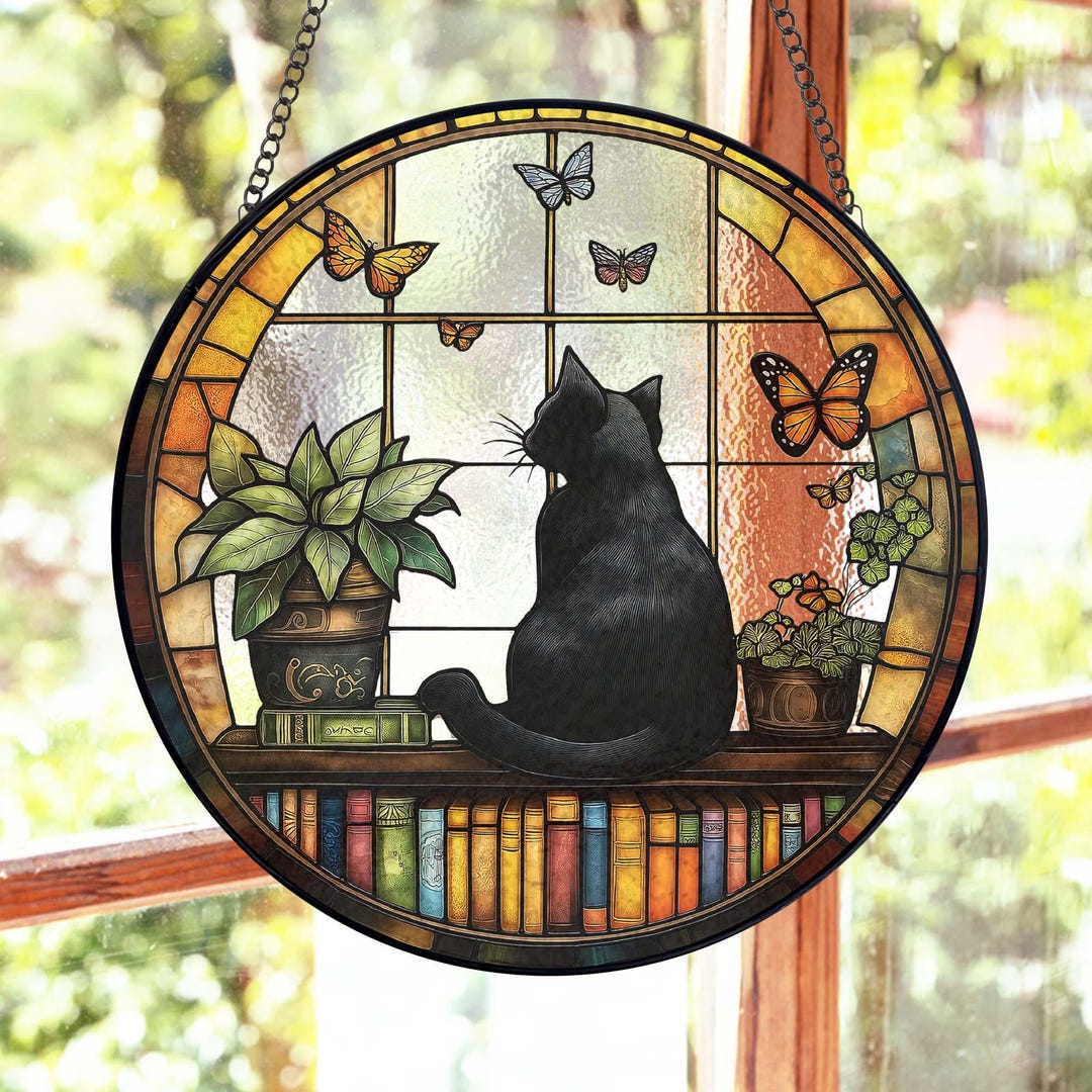 Black Cat and Book Suncatcher Stained Glass, Book Window Decor, Book ...