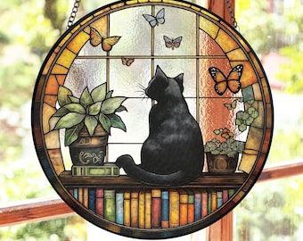 Black Cat And Book Suncatcher Stained Glass, Book Window Decor, Book Lover Gift, Reading Cat Window Hanging, Cat Lover Gift, Librarian Gift