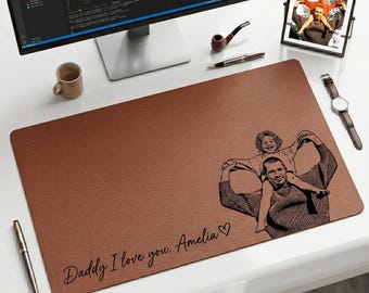 Custom Dad Photo Sketch Line Art Desk Mat, Personalized Photo Father's Day Gift For Husband, Dad Picture Desk Pad Mouse Mat