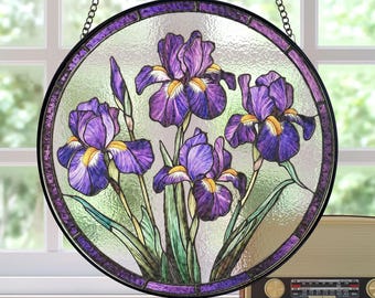 Purple Iris Flower Stained Glass Suncatcher, Flower Lovers Window Decor, Birth Month Flower Gift For Her, Window Hanging For Nature Lovers