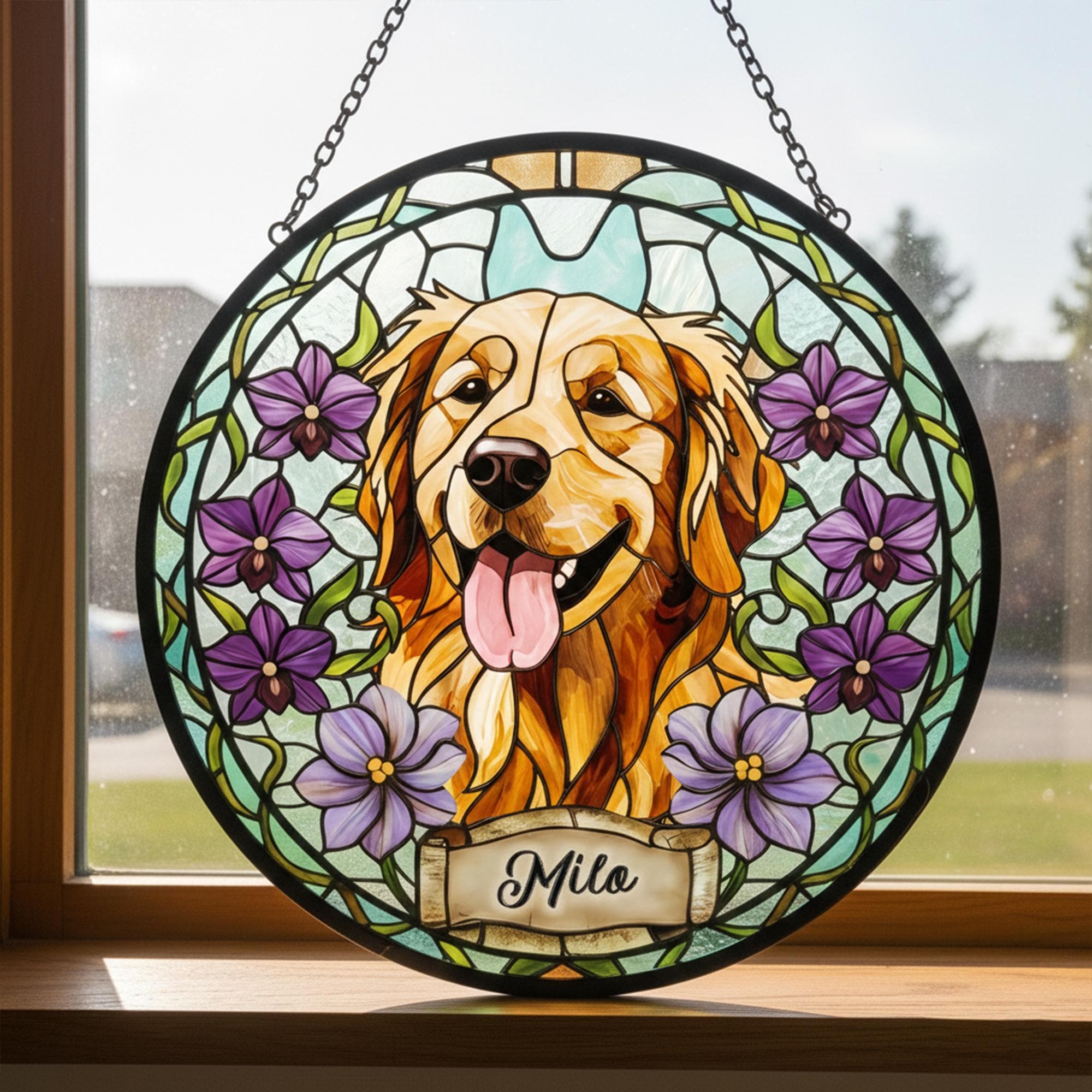 Personalized Dog Portrait Stained Glass Suncatcher, Custom Pet Memorial Stained Glass Photo Suncatcher, Dog Loss Keepsake, Pet Loss Gift