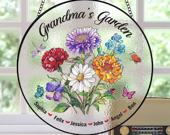 Personalized Birth Flowers Stained Glass Suncatcher, Custom Nana&#39;s Garden Love Grows Here, Mom Gift, Grandma Gift From Grandkids