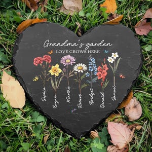 Piedra de jardín personalizada para la abuela, regalo de piedra de jardín "Aquí crece el amor", piedra de jardín con flores del mes de nacimiento personalizada, regalo del Día de la Madre 2025