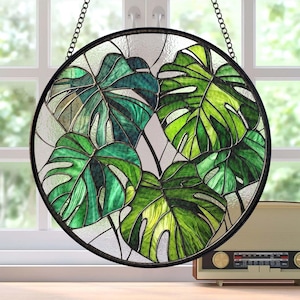 Monstera Plant Stained Glass Suncatcher, Monstera Plant Lover Gift Decor, Plant Lady Decor, Plant Mom Decor, Yard Decor, Plant Suncatcher
