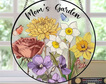 Custom Family Birth Flowers Stained Glass Suncatcher, Personalized Mom's Garden Gift, Birth Month Flower Glass Art Gift, Mother's Day Gift