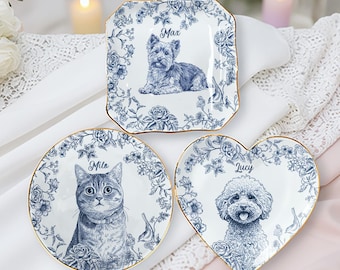Custom Pet Portrait Jewelry Dish Toile De Jouy Ceramic Dish, Custom Dog Cat Jewelry Dish, Personalized Dog Cat Portrait Ceramic Christmas