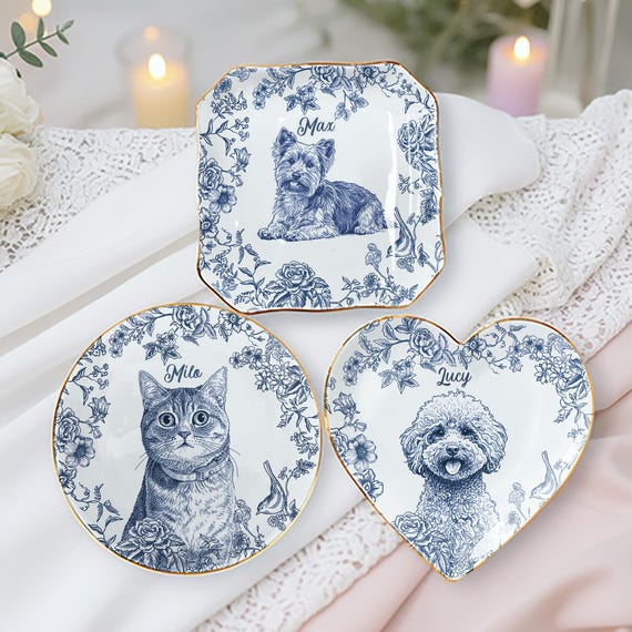 Custom Pet Portrait Jewelry Dish Toile De Jouy Ceramic Dish, Custom Dog Cat Jewelry Dish, Personalized Dog Cat Portrait Ceramic Christmas
