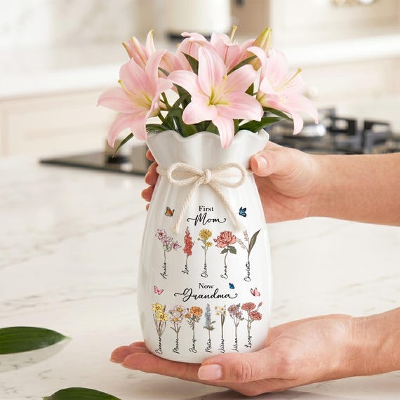 Custom First Mom Now Grandma Ribbon Tie Ceramic Flower Vase, Birth Month Flower Vase, Grandmas Garden Vase, Gift for Mom Nana Mothers Day