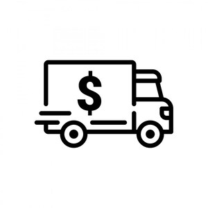 May include: Black and white line drawing of a delivery truck with a dollar sign on the side.