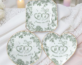 Custom Champagne Ring Dish, Personalized Wedding Gift for Couple, Toile De Jouy Jewelry Dish, Gift For Bride, Anniversary Engagement Gift