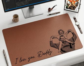 Custom Dad Photo Sketch Line Art Leather Desk Mat, Personalized Photo Father's Day Gift For Husband, Dad Picture Desk Pad Mouse Mat