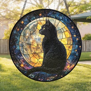 Black Cat On Moon Stained Glass Suncatcher, Black Cat With Moon Suncatcher For Cat Moms, Cat Glass Window Hanging Gifts, Gift For Cat Lover