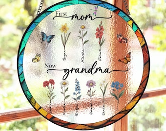 Personalized Birth Flowers Stained Glass Suncatcher, First Mom Now Grandma's Garden Gift, Mother's Day Gift, Grandma Gift From Grandkids