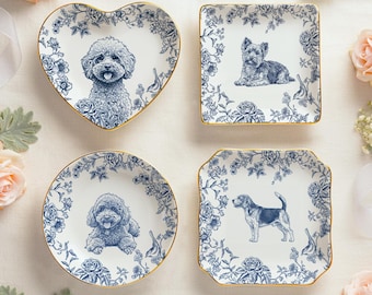 Custom Pet Portrait Jewelry Dish Toile De Jouy Ceramic Dish, Custom Dog Cat Jewelry Dish, Personalized Pet Portrait Ceramic Christmas