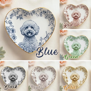 May include: Heart-shaped decorative plates featuring a poodle illustration. The plates come in various colors: blue, red, green, black, ivory, and gold. Each plate has a floral border and a gold rim. The word "Blue" is written on the blue plate.