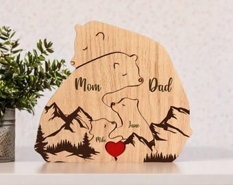 Custom Hugging Bear Family, Personalized Wooden Bear Family Puzzle, Mother's Day Gift Father's Day Gift, Animal Family Puzzle Decor