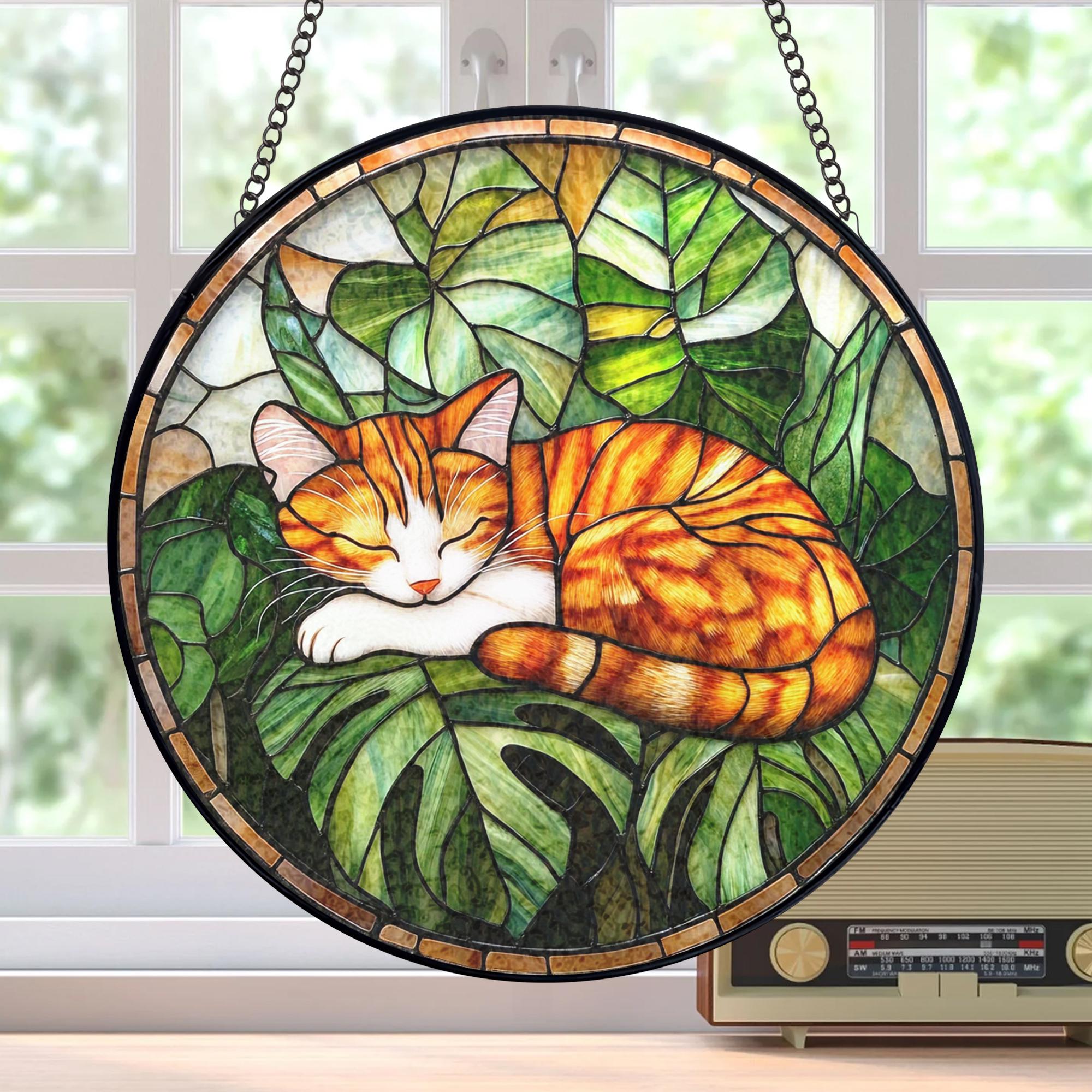 Sleeping Cat on Monstera Stained Glass Suncatcher, Monstera Plant ...