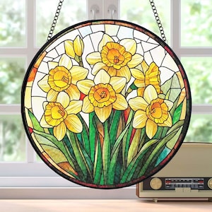 Birth Flower Suncatcher Stained Glass, Birth Month Flower Window Hanging, Daffodils Birth Flower Birthday Gift, Mothers Day Gift For Mom