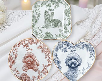 Custom Pet Portrait Jewelry Dish Toile De Jouy Ceramic Dish, Custom Dog Cat Jewelry Dish, Personalized Dog Cat Portrait Ceramic Christmas