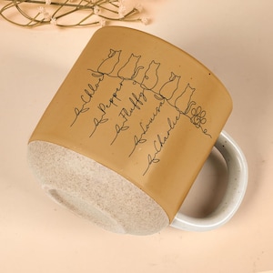 May include: A tan ceramic mug with a white handle and base. The mug features a black line drawing of six cats and their names: Chloe, Pepper, Fluffy, Louisa, and Charlie.