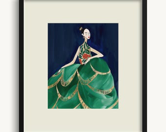 Framed Green Dress Wall Art Print • Archival Fine Paper, Black Wood Frame