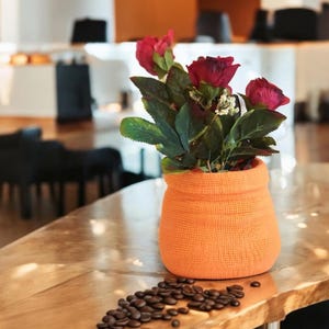 May include: A bright orange fabric planter with a bunch of red flowers and green leaves. Coffee beans are scattered on a wooden surface.